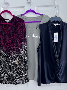 Calvin Klein Olive Logo Tee with Black dressy Tank & Red-Black Patterned Blouse